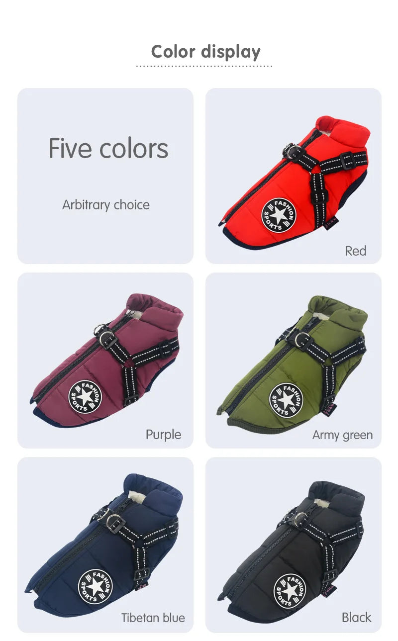Winter Warm Dog Jacket Waterproof Pet Coat for Small Large Dog Clothes Fleece with Harness Puppy Vest Chihuahua Labrador Costume