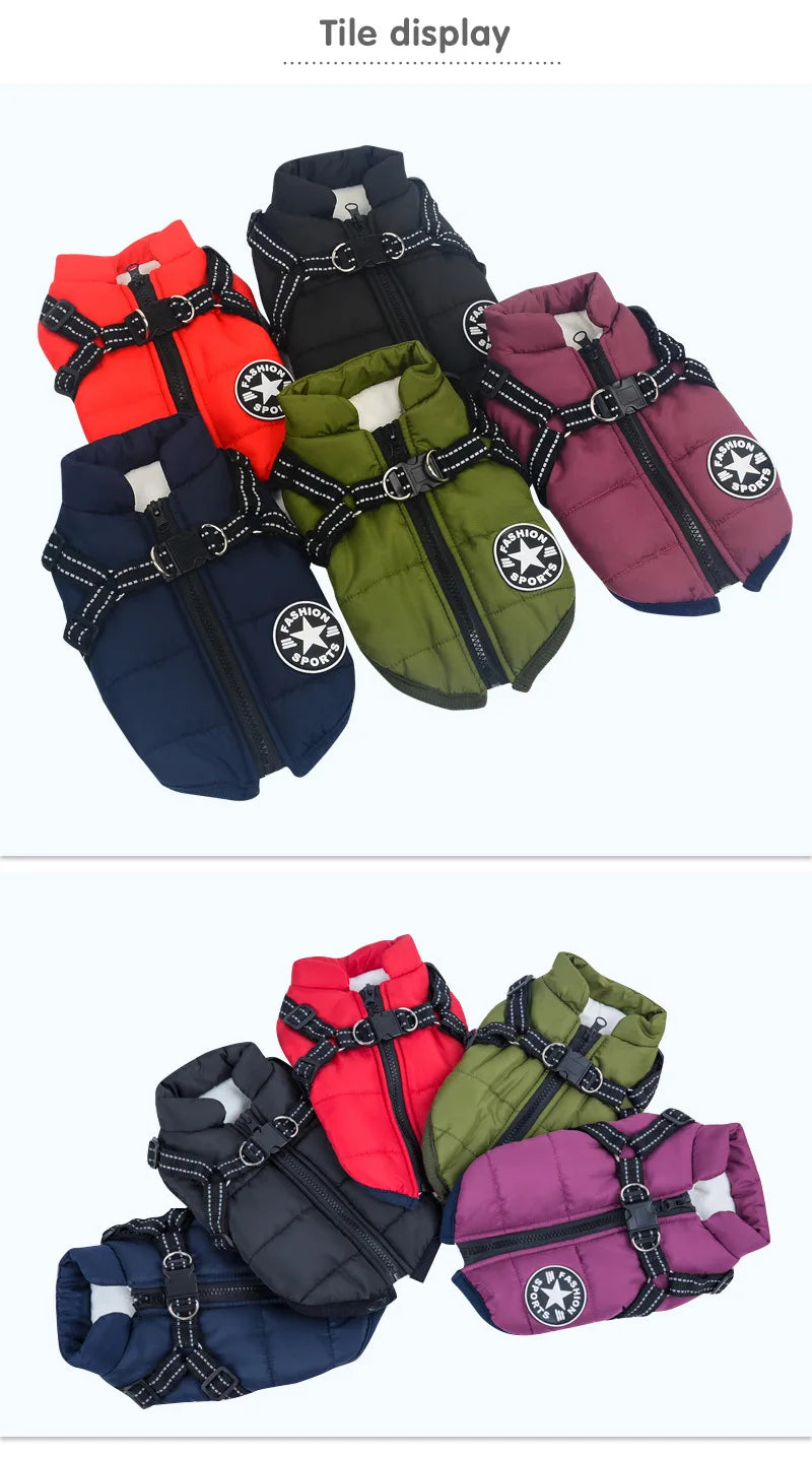 Winter Warm Dog Jacket Waterproof Pet Coat for Small Large Dog Clothes Fleece with Harness Puppy Vest Chihuahua Labrador Costume