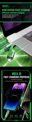 USB C Cable, 4-in-1 USB-C Cable,65W USB-C Charger Cable with Hook-and-Loop Fastener and Cable Management